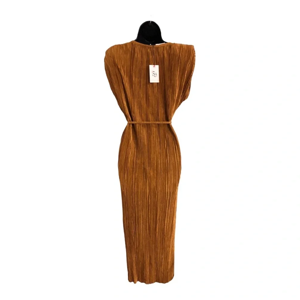 Sincerely Jules gold mustard brown pleated plisse shoulder pads dress size small